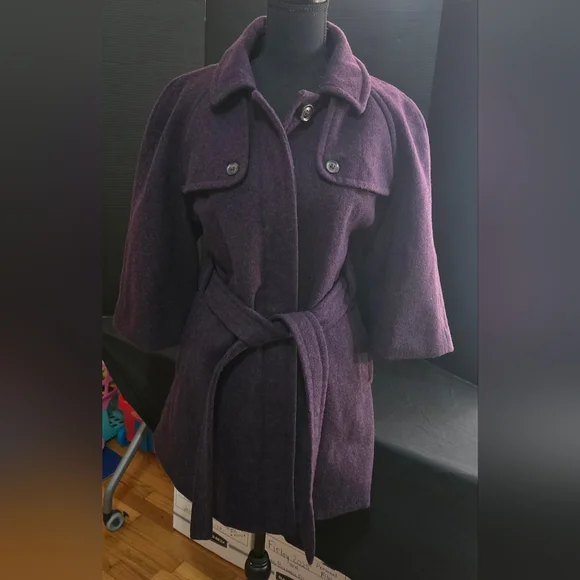 GAP Women's Purple Wool Blend Pea Coat Size XL Jacket Belted 3/4 Sleeve - Picture 3 of 12